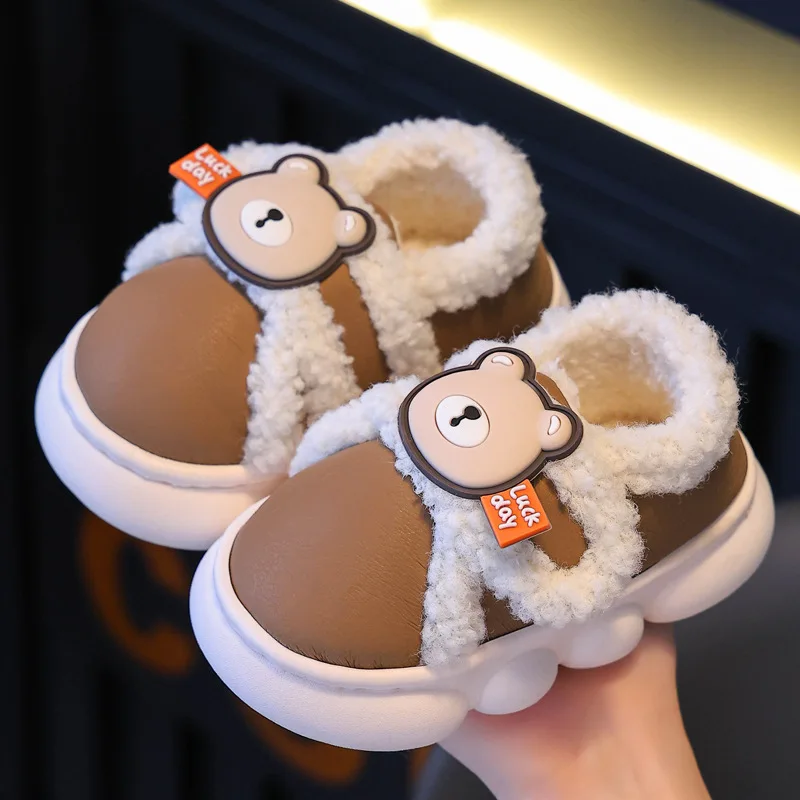 2024 Cartoon Bear Toddler Boys Girls Slippers Winter Warm Plush Kids Slippers Hook Loop Soft Children Indoor Shoes