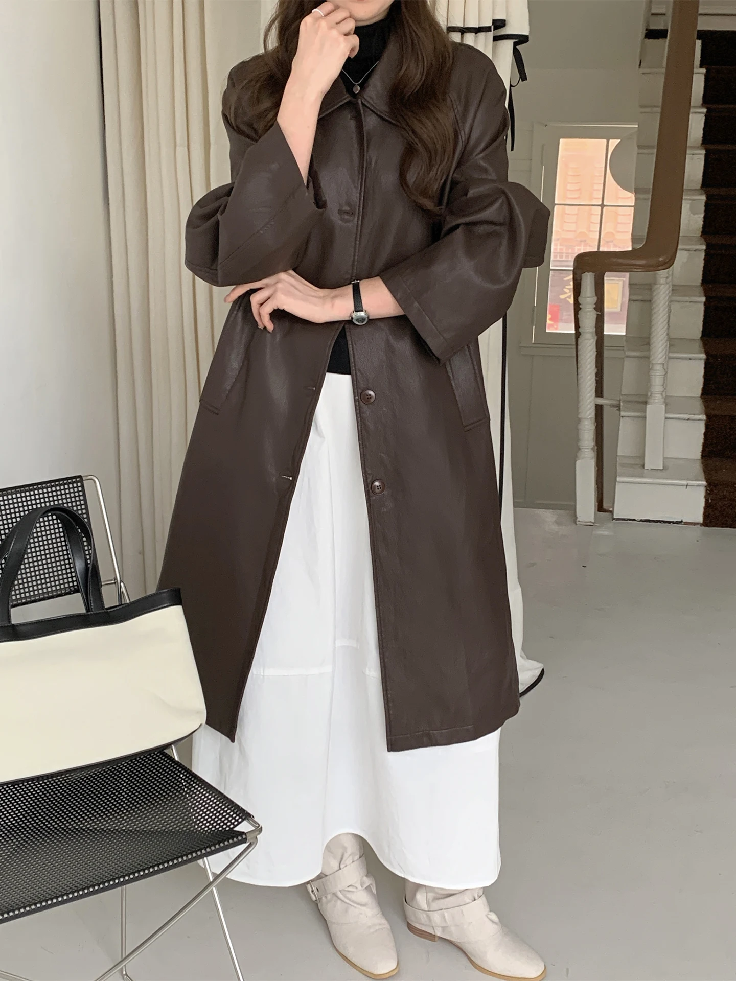 Ele Bla PU Couro Jaet Casaco Longo Feminino Gola Design Outono Inverno Vintage Elegante Sle Fixação de Botão Único