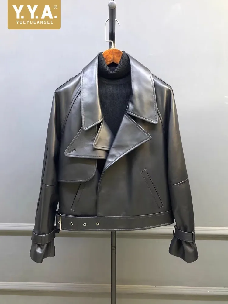 Top Quality Womens Workwear Genuine Leather Jacket Belt Double Layered Collar Real Sheepskin Long Sleeve Outerwear Casual Coat