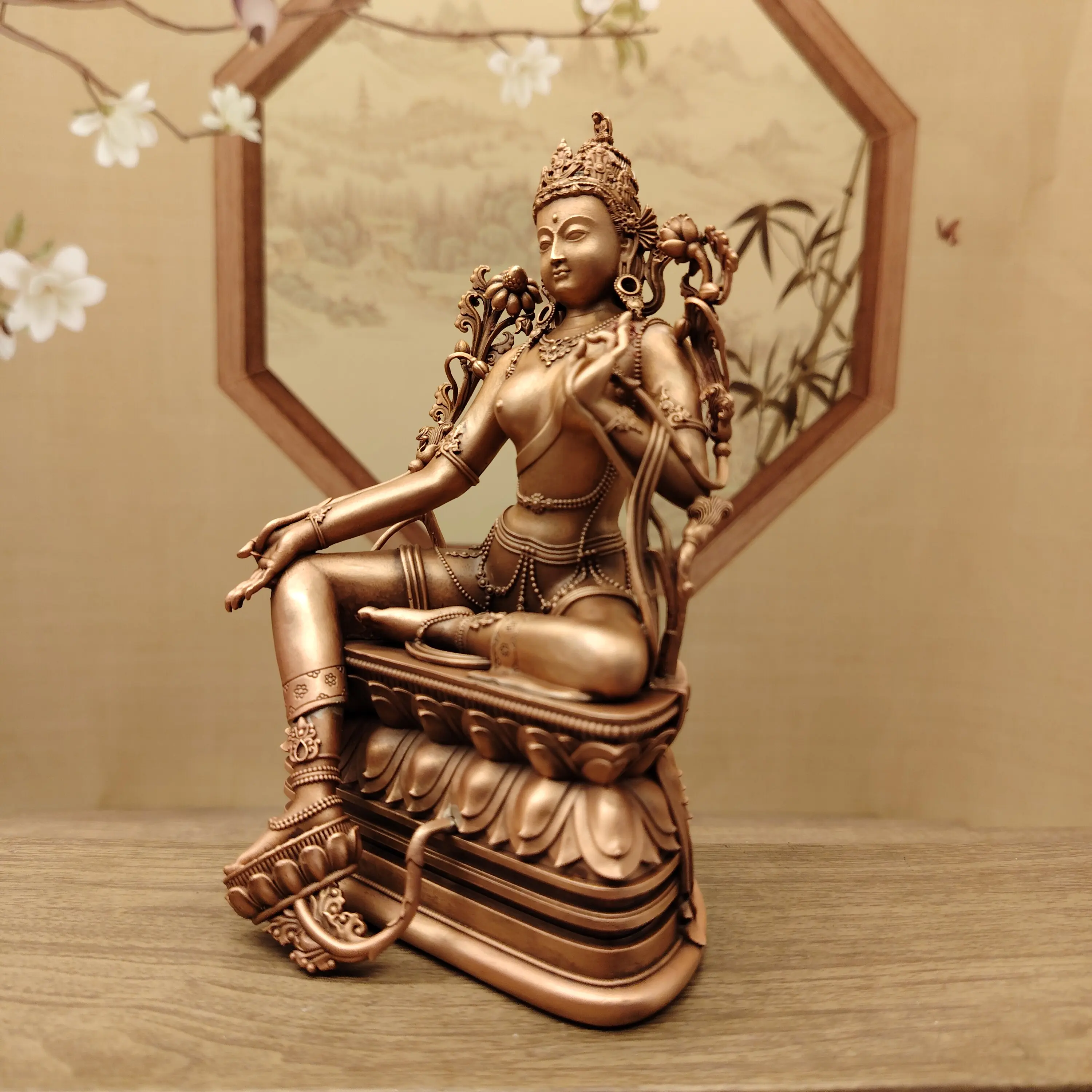 Tibetan Ethnic Fine Copper Zanabazar Style Green Tara Protector Statue 15cm Home Office Blessing