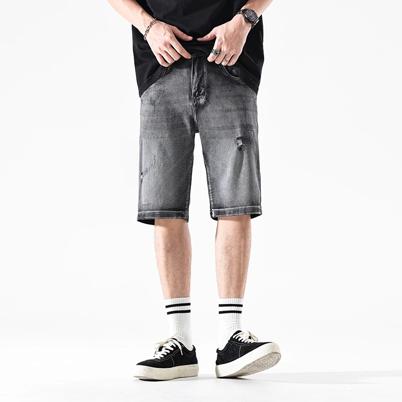 夏に涼しいデニムショートパンツ、穴あき5分丈パンツ、2025年新作カジュアルブラックヴィンテージショートパンツ、ストリートウェアメンズジーンズ