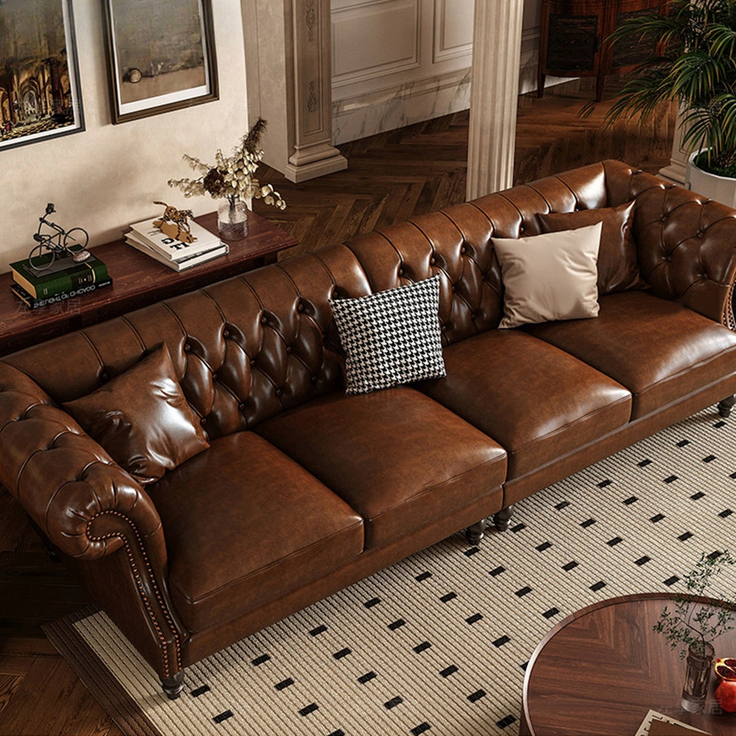 

Living room light luxury straight row solid wood sofa antique villa hotel furniture