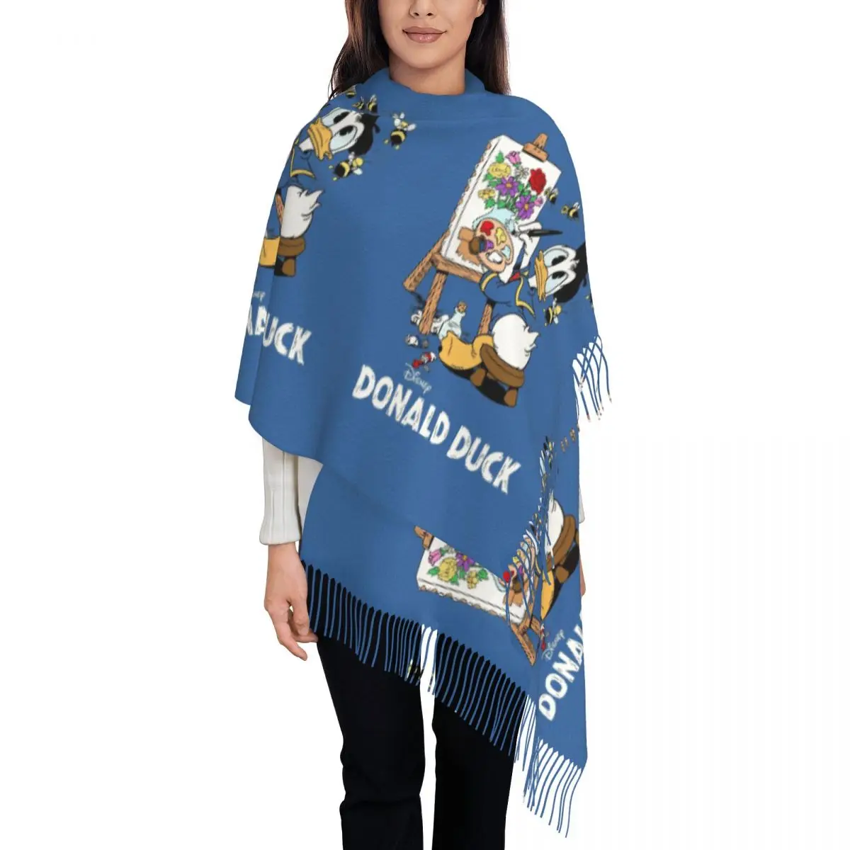 Custom Donald Duck Anime Draw Tassel Scarf Women Winter Fall Warm Shawl Wrap Ladies Scarves