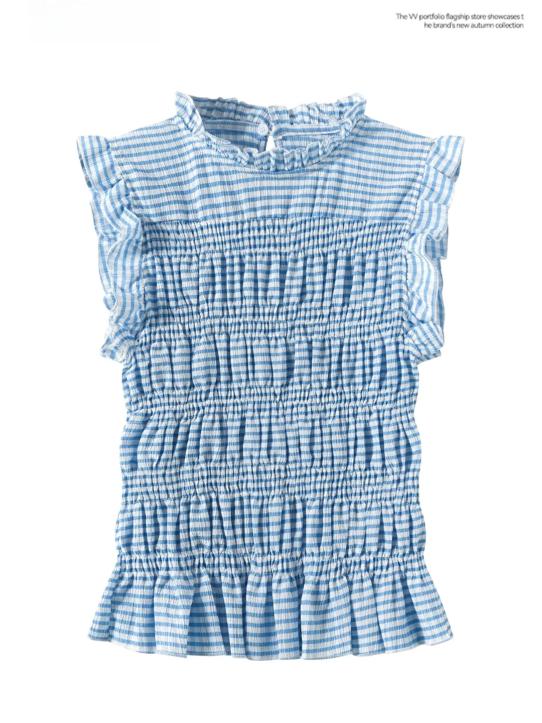Slim Fit Striped T-Shirt Women's Summer Fashionable Blue Sleeveless High Waist Gathered Pleated Short Top with Wood Grain 