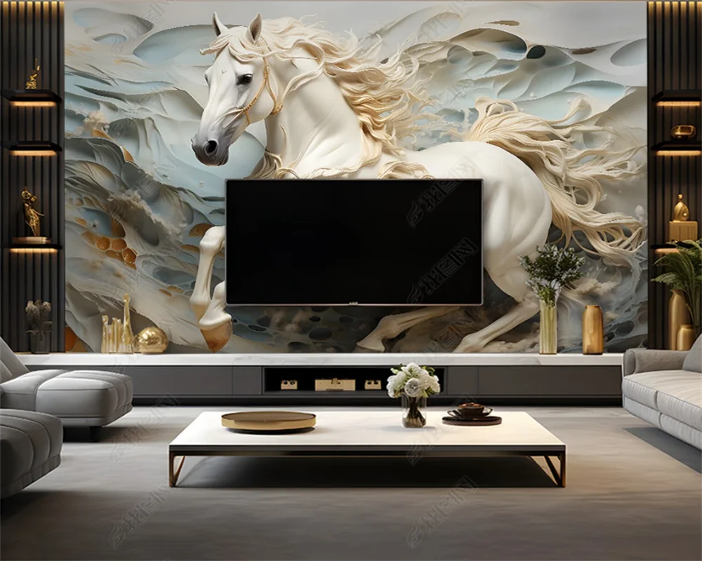 beibehang Customized modern new style horse relief white horse stone TV background with multiple materials wallpaper