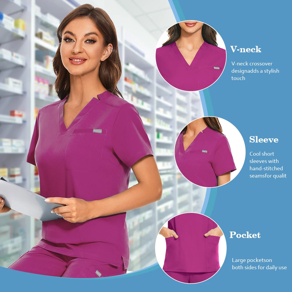 Hot Selling V-neck Short Sleeves Nurse Spa Uniforms Women Lab Coat High Quality Medical Scrub Hospital Accessories WorkWear Tops