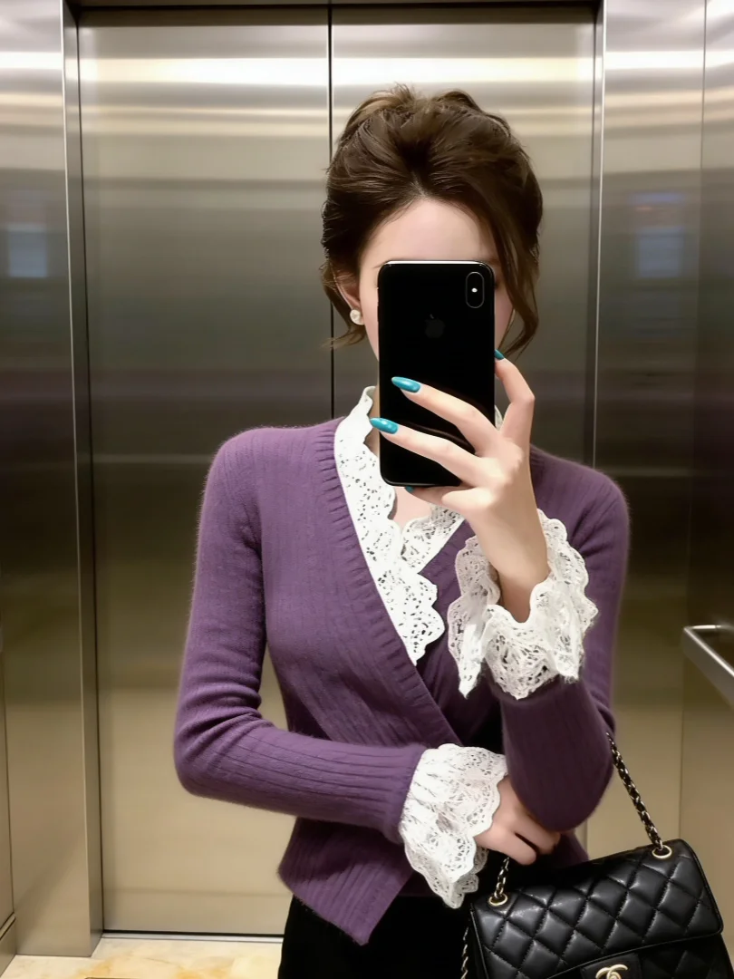 

Потрясающий уникальный фиолетовый вязаный свитер, внутренняя одежда, топ, корейский зимний модный топ, элитный роскошный красивый комбинезон для поездок на работу