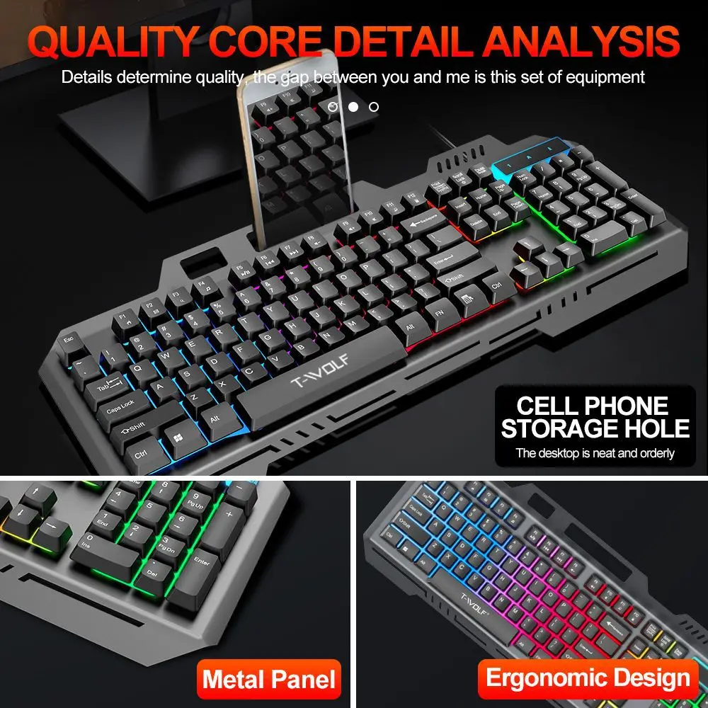 Dazzling Cool Keyboard New T16 Game Keyboard Iron Plate Colorful Glowing USB Wired Keyboards Home Desktop Computer Accessories