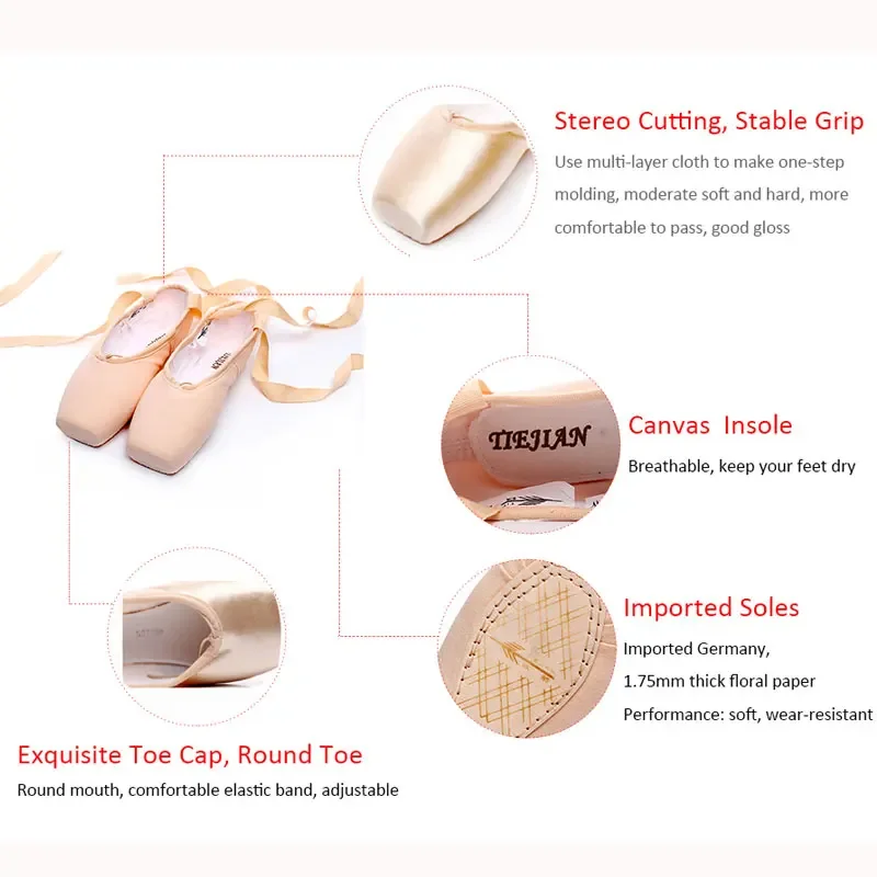 Pointe Shoes Bandage Ballet Dance Girl Woman Professional Canvas/Satin Dancing with Sponge Silicone Toe Pads