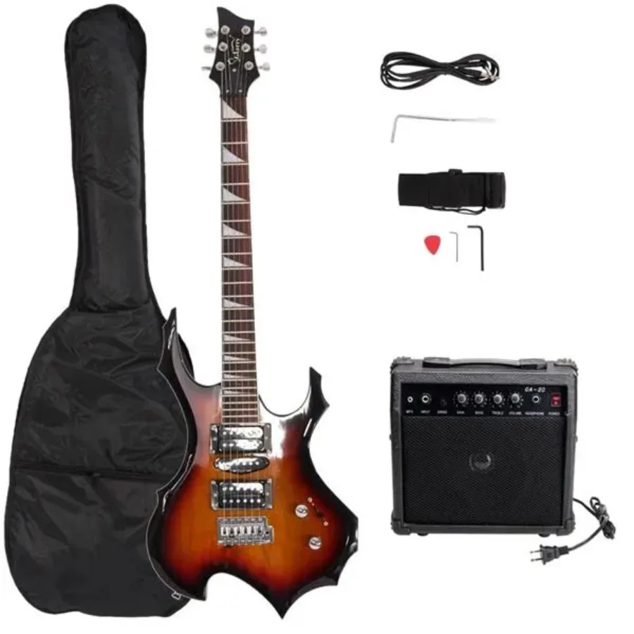 [Do Not Sell on Amazon]Glarry Flame Shaped Electric Guitar with 20W Electric Guitar Sound HSH Pickup Novice Guitar Audio Bag St