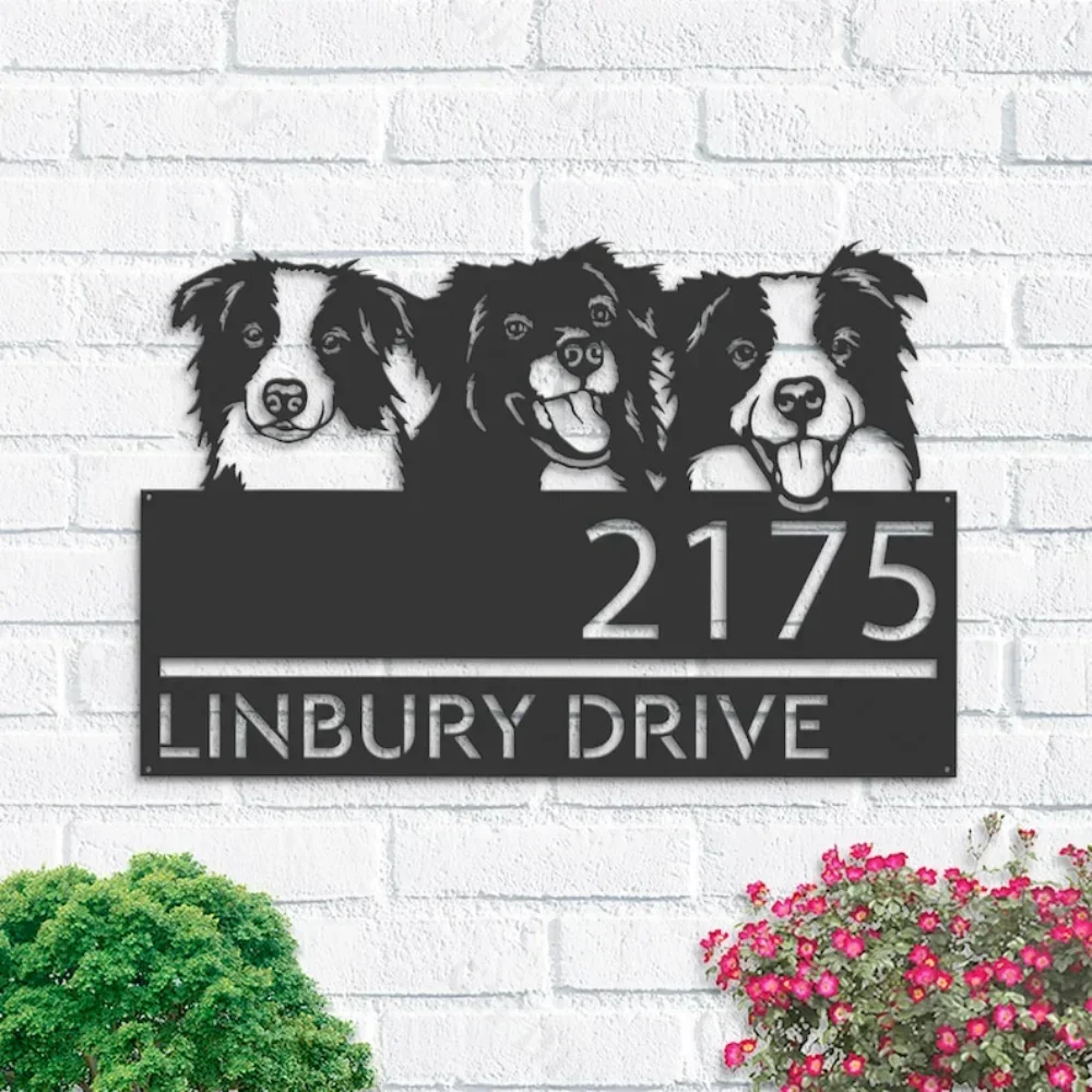 Personalized Peeking Dogs Border Collie House Number Hanging Plaque Yard Outdoor  Garden Stake room decoration