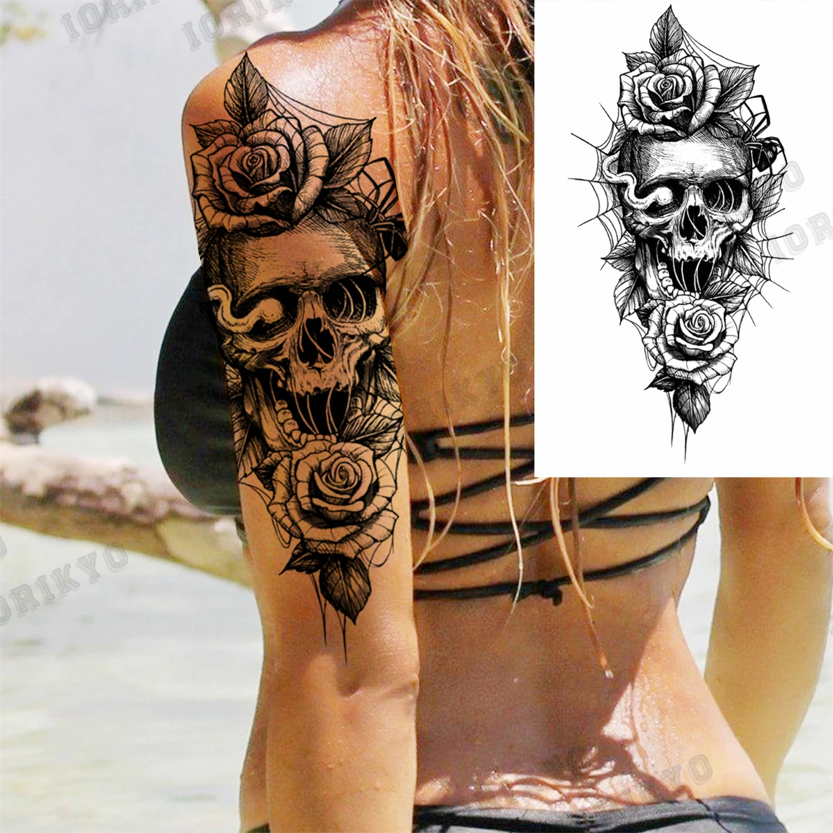 3D Skull Rose Flower Temporary Tattoos For Women Men Geometry Tiger Compass Mandala Fake Tattoo Washable Body Art Painting Tatoo