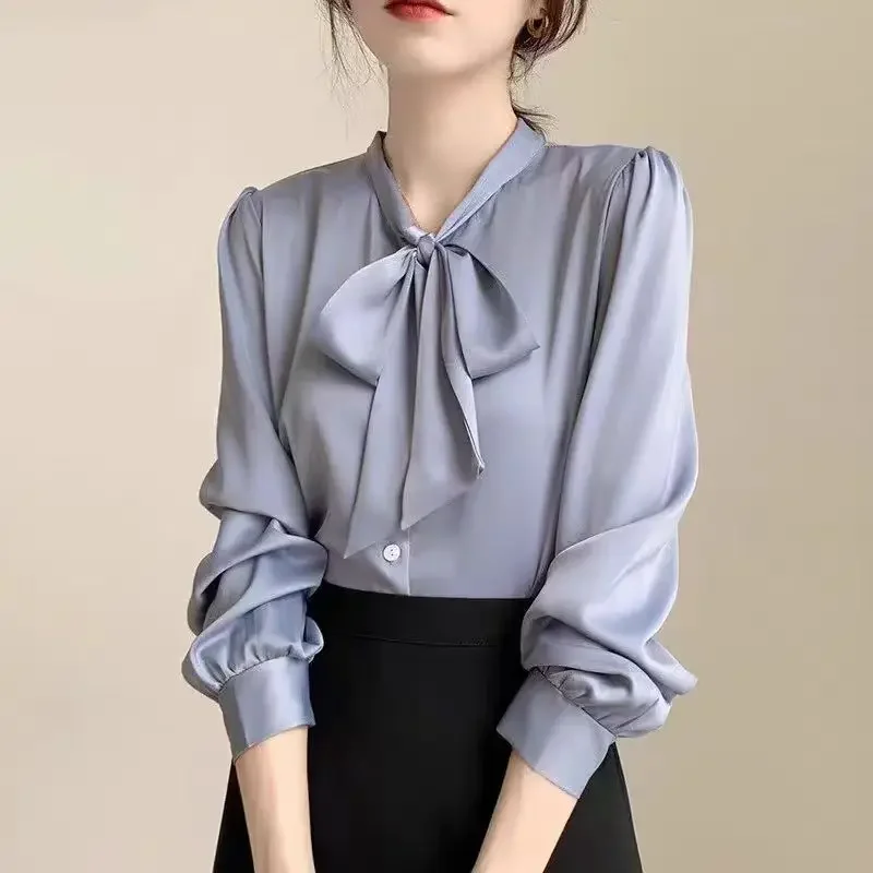 Elegant Women's Blue Satin Bow Ribbon Shirts Autumn Long Sleeve Office Lady Wear Commuter Tops Design Winter Inner Clothes