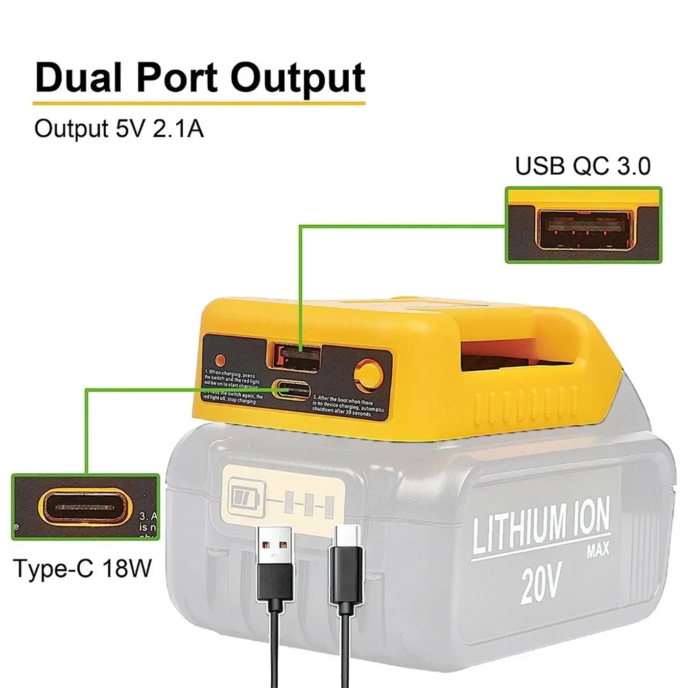 1/2pcs USB Charger Adapter for Dewalt 18V 20V Li-ion Battery Portable Type-C Port Fast Charging Battery Storage Rack Holder Case