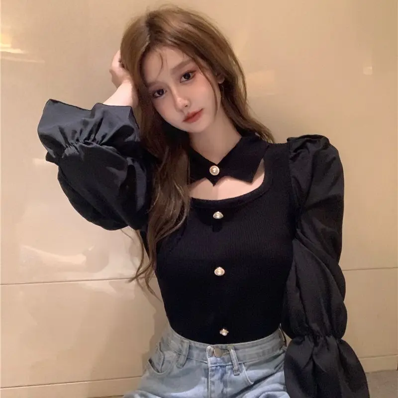 Spring Autumn Simplicity Fashion Patchwork Solid Color Bottoming Shirt Femme All-match Hollow Out Puff Sleeve Pullovers Top Tee