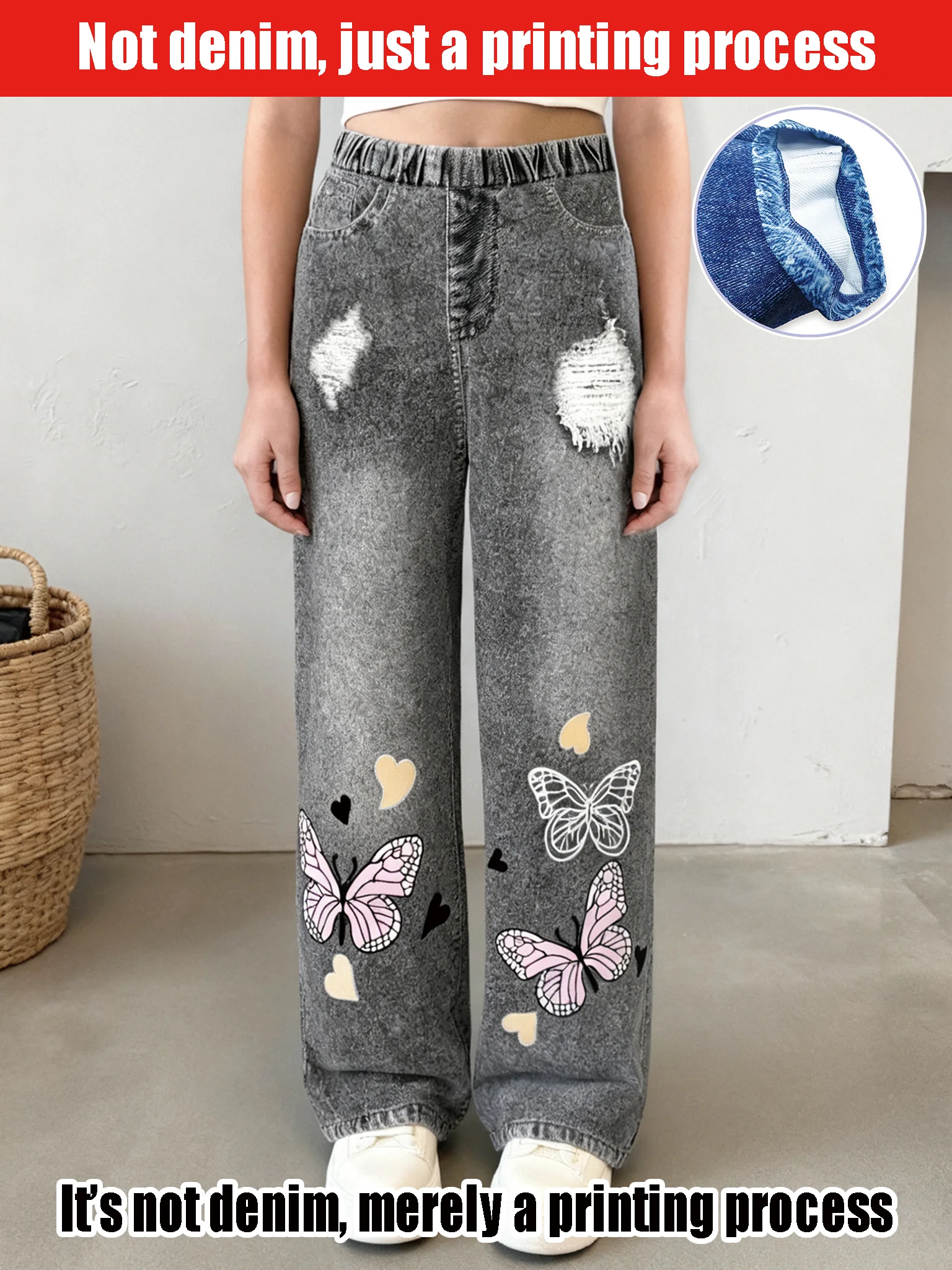 

2025 Children and Girls Hole Elastic Waist Wide Legs, Slim Versatile Butterfly Print Straight Imitation Denim Trousers