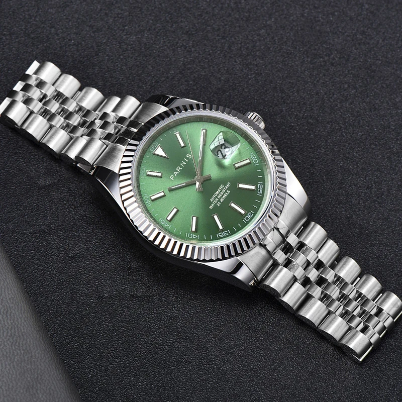 

Новые мужские часы Parnis с зеленым циферблатом 39,5 мм, календарь, сапфировое стекло, ремешок из нержавеющей стали, автоматические механические роскошные часы, мужской подарок
