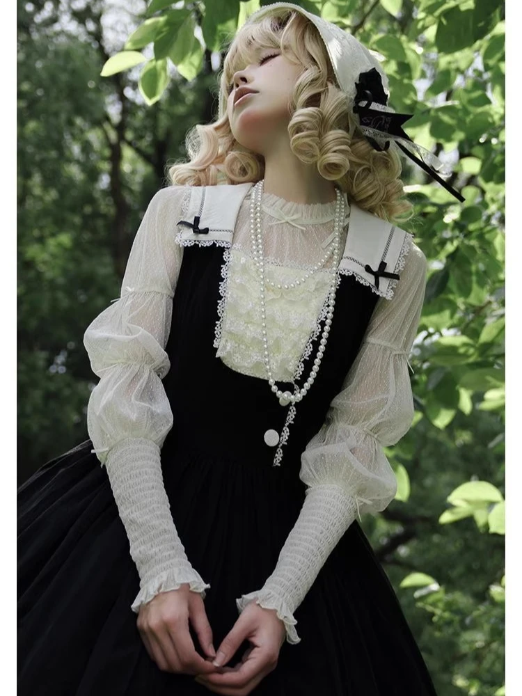 New Lace-up Gauze Light Long Sleeve Spring Summer Lolita Shirt Sweet Women Round Neck Versatile Age-reducing Fashion Blouse Top