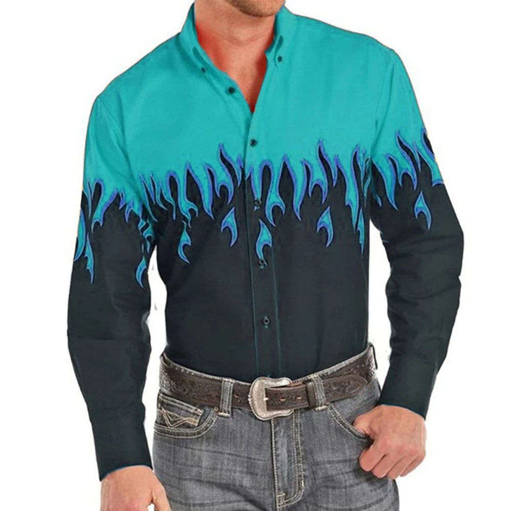 

Fashion Men's Retro Flame Printed Shirts Long Sleeve Muscle Fitness Button Turn-Down Collar Shirt Tops Party Dress Up