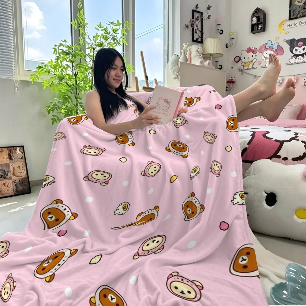 Cute Rilakkuma Flannel Throw Blanket Pink Polka Dot Cartoon Fleece Sofa Cover Warm Plush Baby Camping Car Blanket