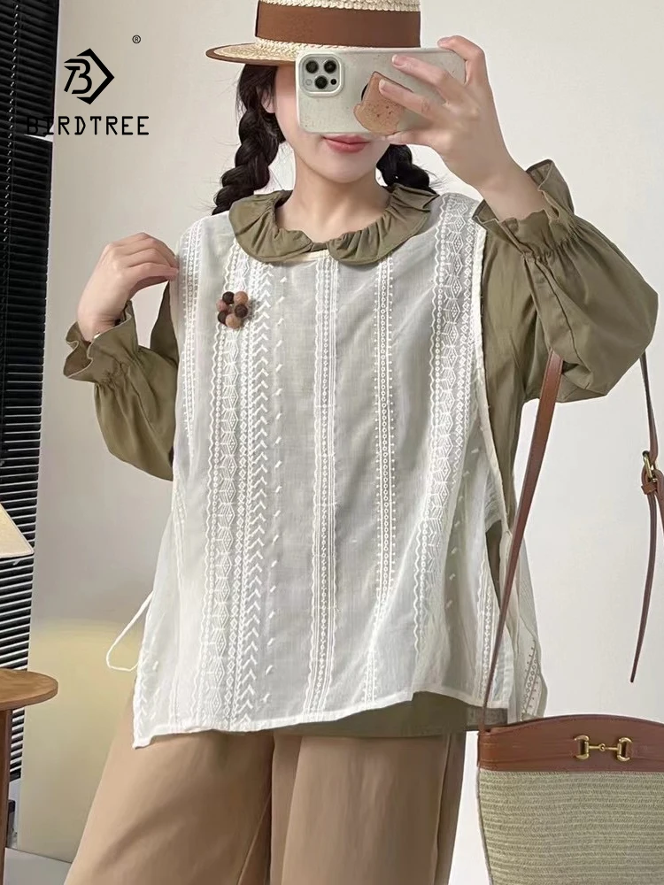 New 2025 Spring Cotton Shirt Vest 2 Piece Set, Women Ruffles Embroidery, Mori Girl Pretty Style Sweet Loose Blouse Suit S51629CC