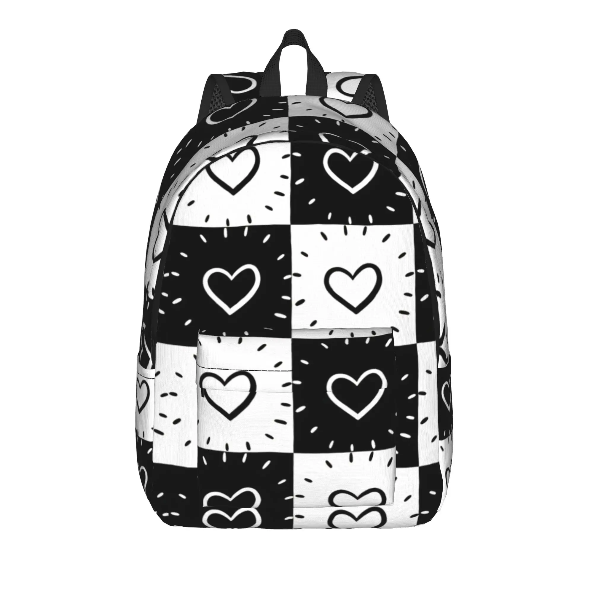 Black White Checkered Hand Drawn Heart Backpack  Camping Backpacks Women Men Streetwear High School Bags Custom Print Rucksack
