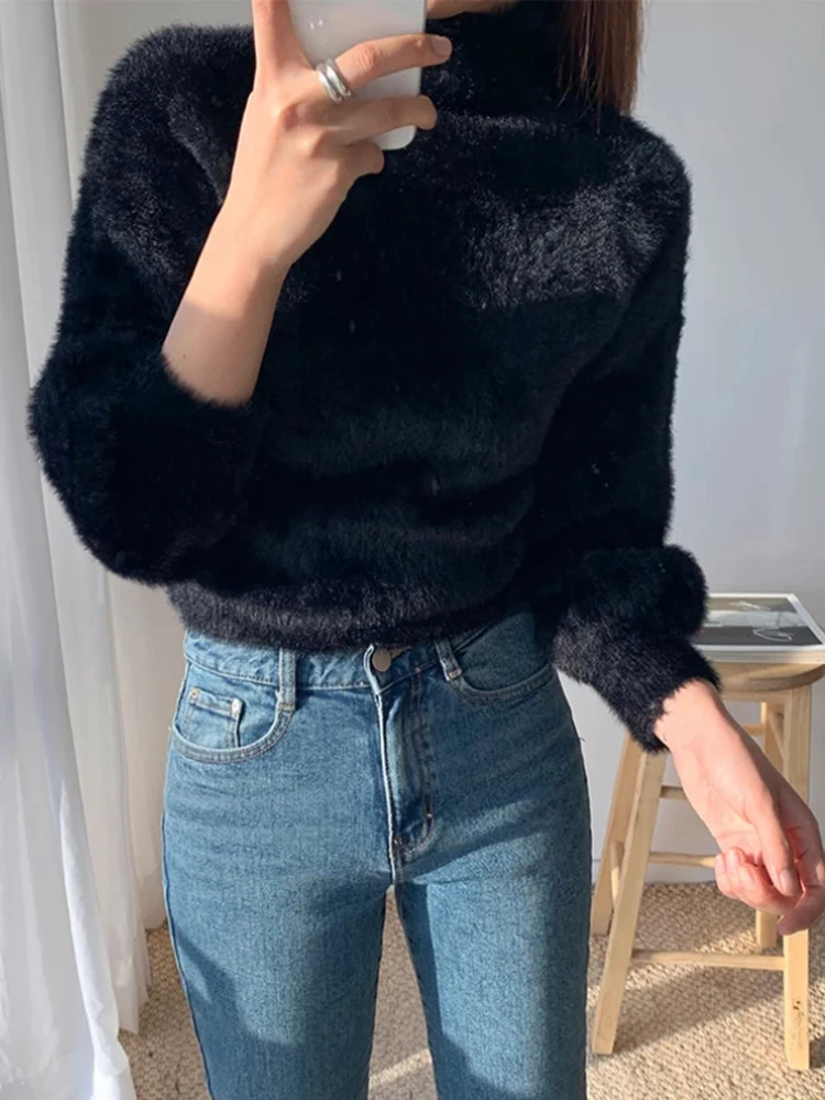 JMPRS Pullover Women Short Sweater Fashion Hairy Lantern Sleeve Autumn Female Jumper Knit Casual Korean Style Ladies Black Tops