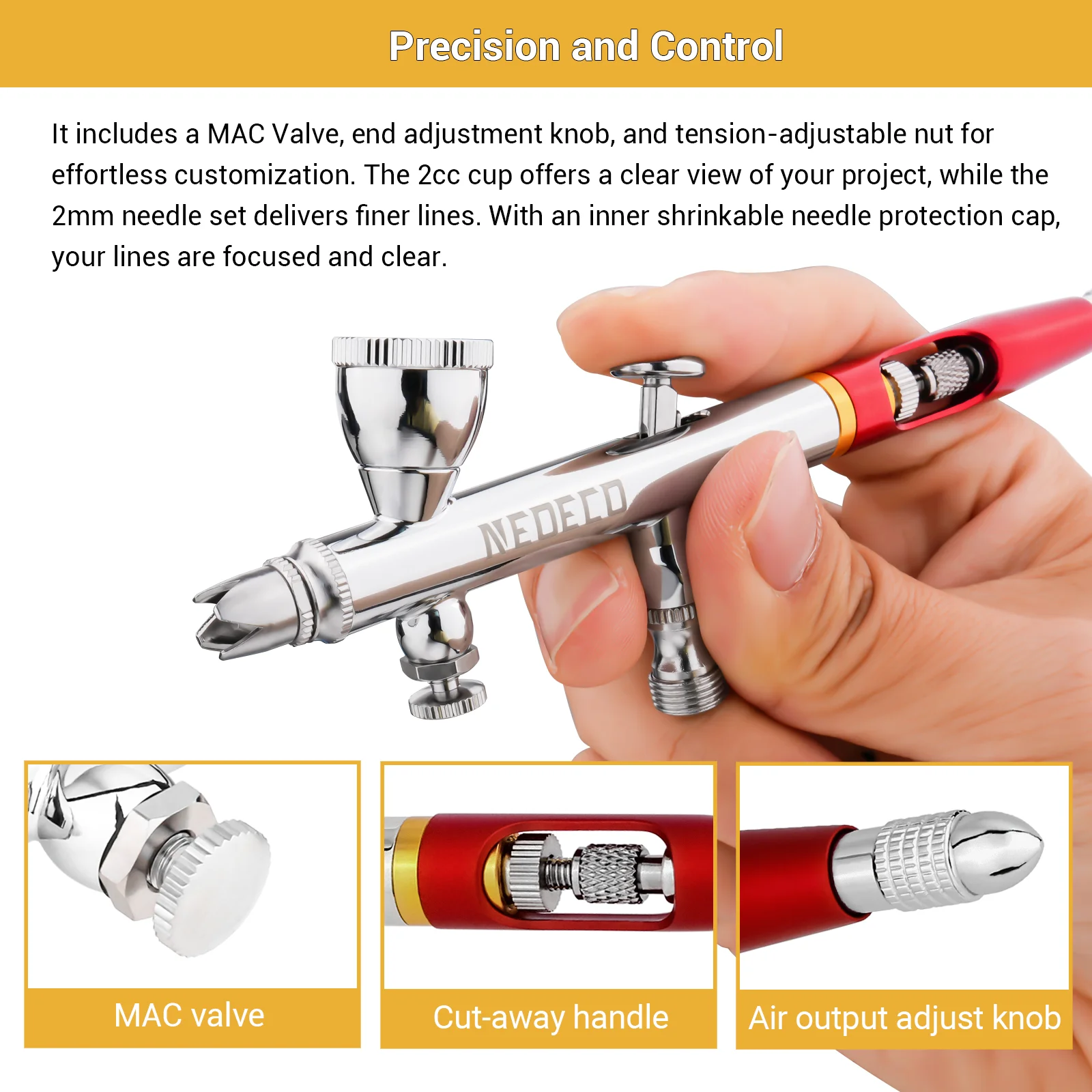 NEOECO 0.2MM Dual Action Gravity Feed Airbrush With 2cc 9cc Fluid Cup Inwards Crown Needle Cap, O Ring Seals Kit, Drop In Nozzle