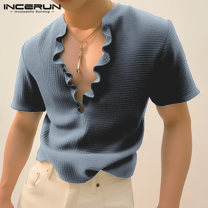 2024 Men T Shirt Solid Color Ruffle V Neck Short Sleeve Streetwear Casual Men Clothing Summer Korean Male Tee Tops S-5XL INCERUN