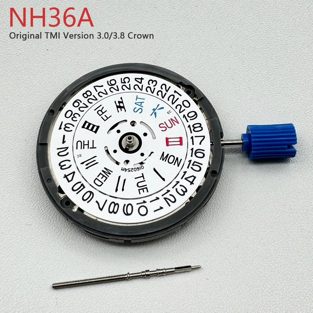 Genuine Japan NH36 Automatic Mechanical Movement Day-Date White Disc 3.0/3.8 Crown Compatible NH36A Tmi English-Chinese Version