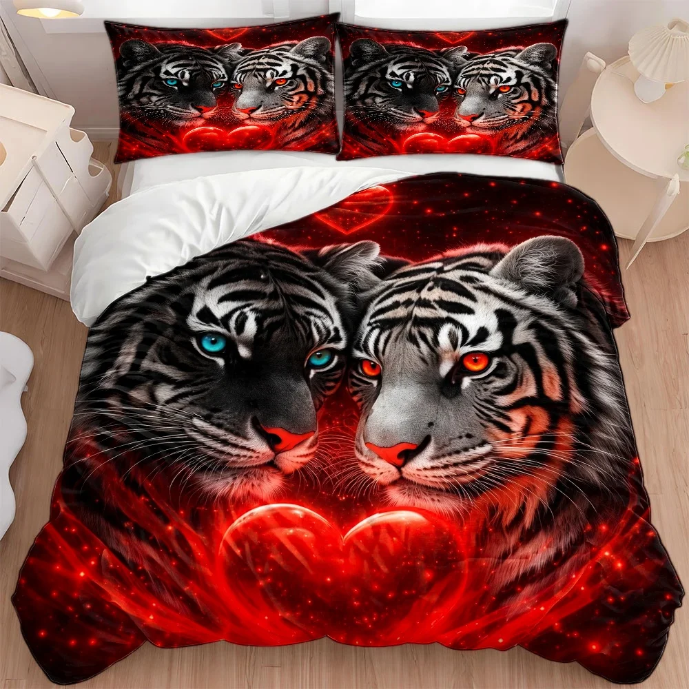 Romantic Love Heart Double Tiger Duvet Cover Set Multi Size Quilt Cover Queen Size Bedroom Bedding Decoration Machine Washable Adult Boy Girl Bedroom
