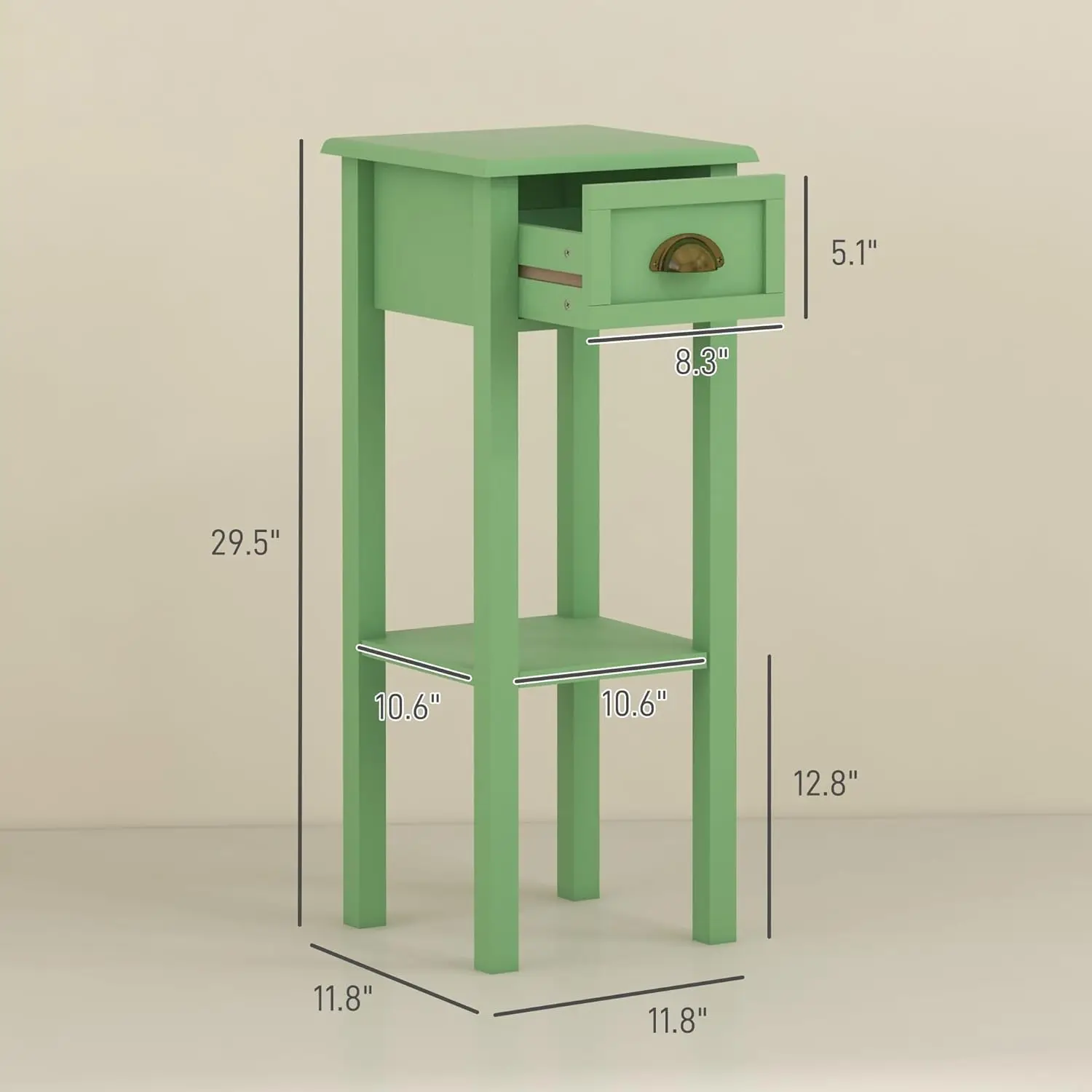 new 2-Tier Side Table with Drawer, Set of 1, Green, Narrow End Table with Bottom Shelf, for Living Room