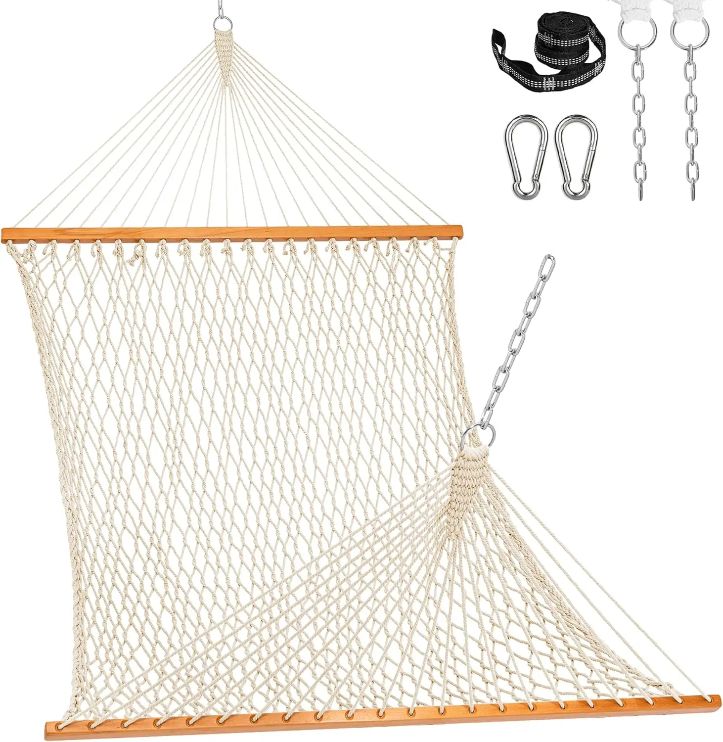 

2-Person Cotton Rope Hammock, 450 lbs Capacity, with Tree Straps & Carabiners, Natural