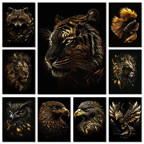 Black and Gold Animals Canvas Painting And Prints Lion Tiger Posters Wall Art Picture For Living Room Home Decor Frameless Gi
