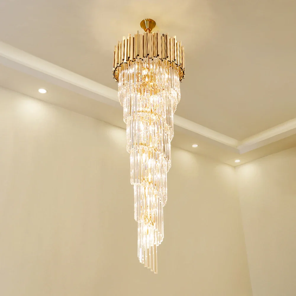 

Modern crystal chandelier for staicase long villa chain lighting fixture large home decor gold stainless steel cristal lamp