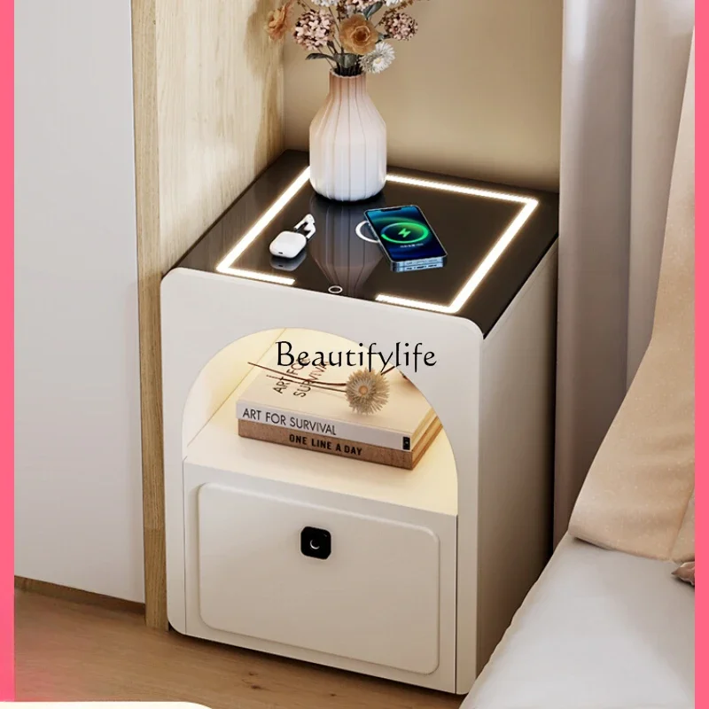 

Cream wind smart bedside table bedroom small anti-theft multi-function wireless charging fingerprint lock 2024 new