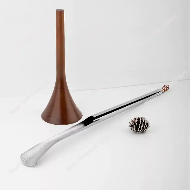 Modern Freestanding Shoe Horn, Mirror Polished Stainless Steel with Walnut Base, Long Handle Shoe Helper for Entryway