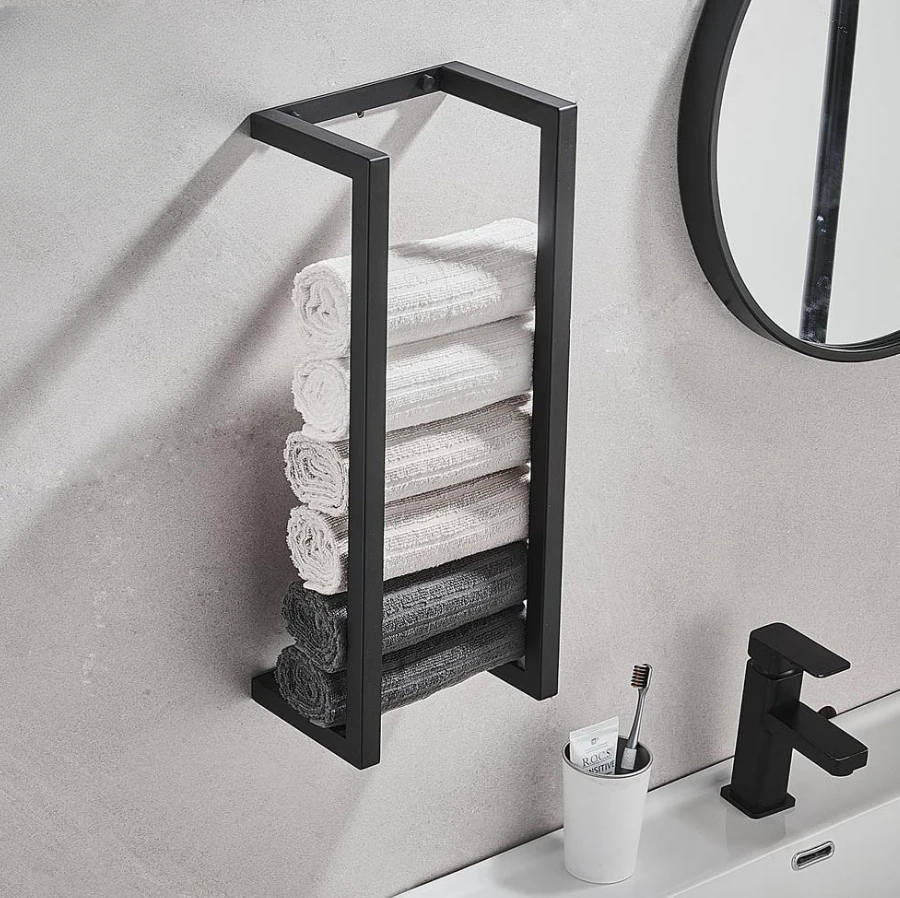 

Bathroom Towel Rack Bath Towel Storage Rack Hotel Bathroom Towel Roll Paper Rack Dual Use Stainless Steel Black Wall Hanging