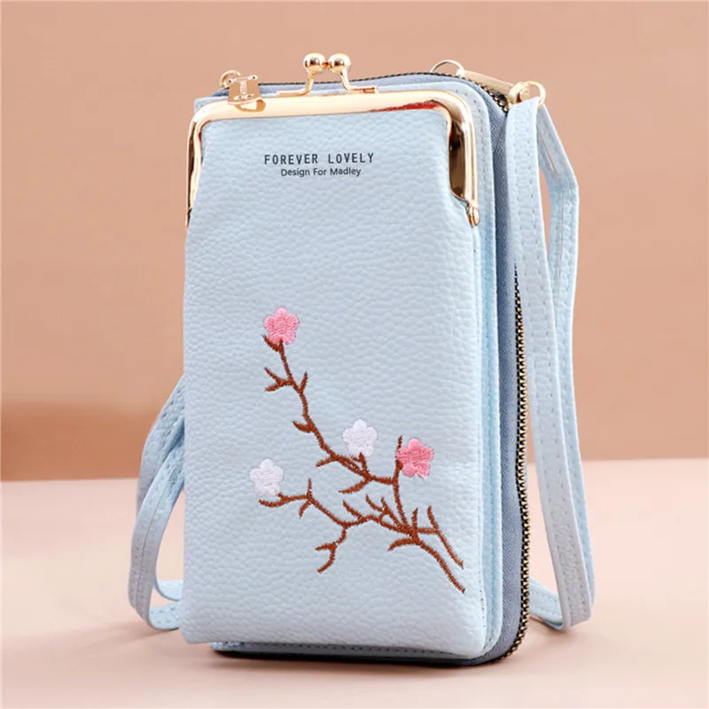 2024 Embroidery Mobile Phone Bags Women Fashion Shoulder Bag Female Mini Crossbody Messenger Bags PU Leather Clutch Wallet Pouch