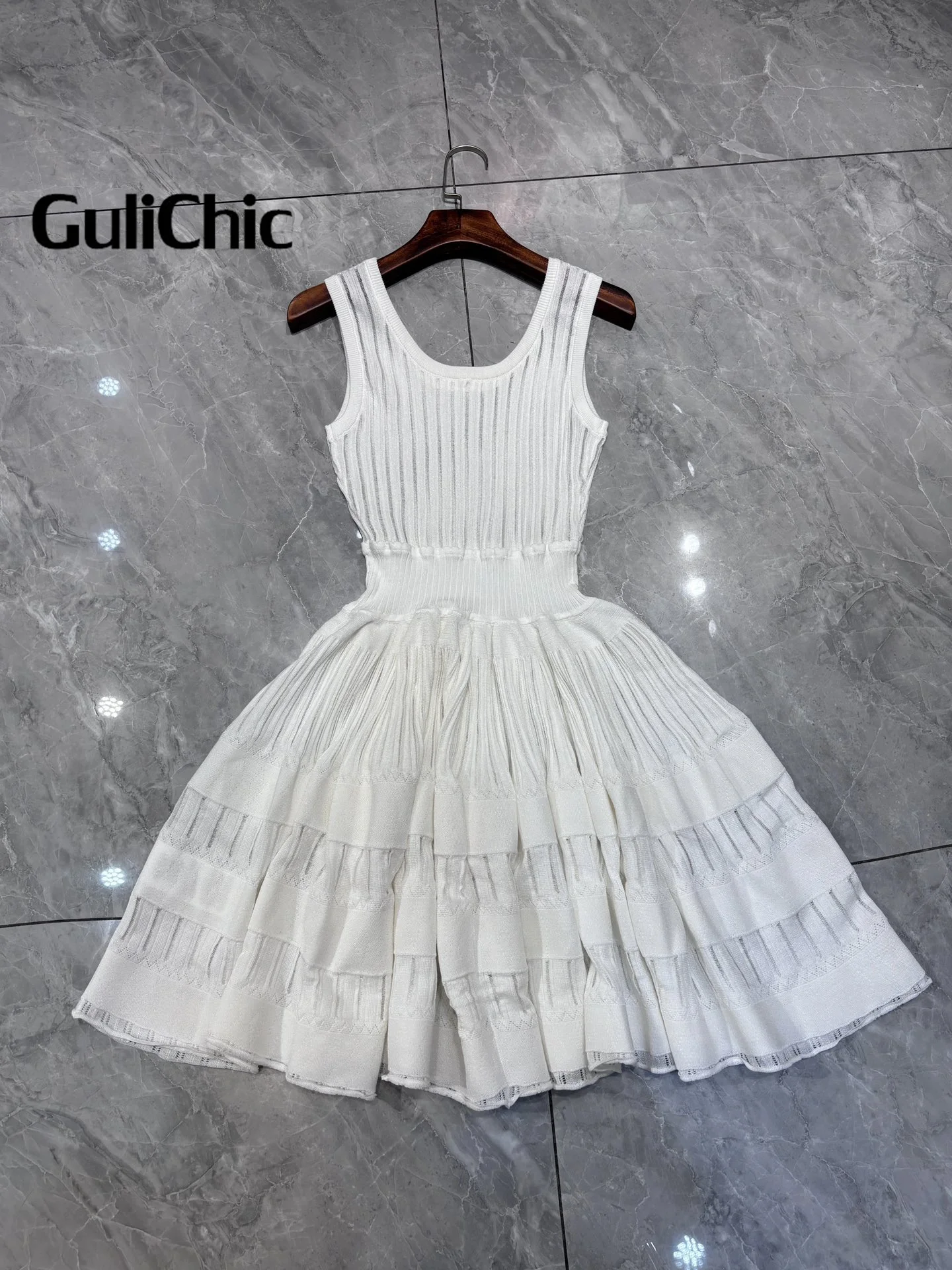 5.11 GuliChic 2024 New Arrives Women\'s Sweet Fashion Openwork Crinoline U-Neck Sleeveless High Waist Slim Elegant Mini Dress