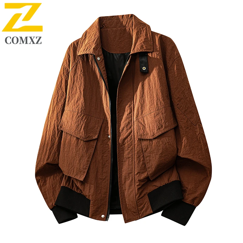

COMXZ New Jacket Men Turndown Collar American Workwear Multi Pocket Jacket Men Loose Versatile Autumn Casual Plus Size Top