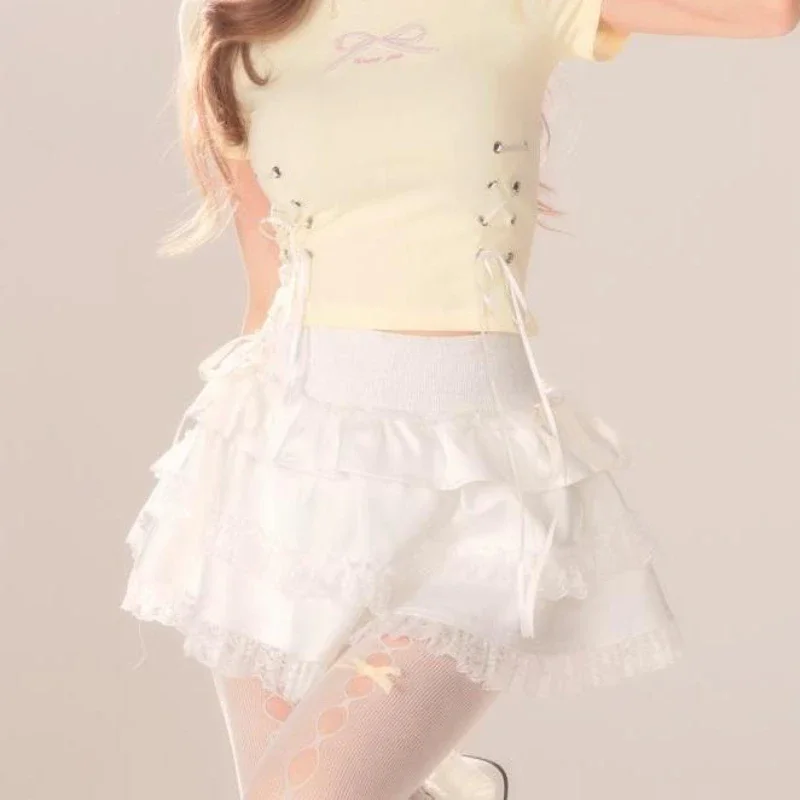 DEEPTOWN Coquette Y2k Lace Skirt Women Kawaii Summer White High Waist Layered Ruffles Patchwork Cute Sexy Mini Skirt Soft Girl