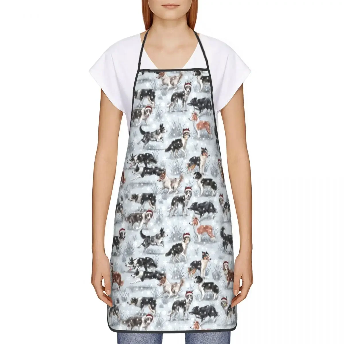 Cute Christmas Border Collie Dog Bib Apron Men Women Unisex Kitchen Chef Pet Animal Tablier Cuisine for Cooking Baking Gardening