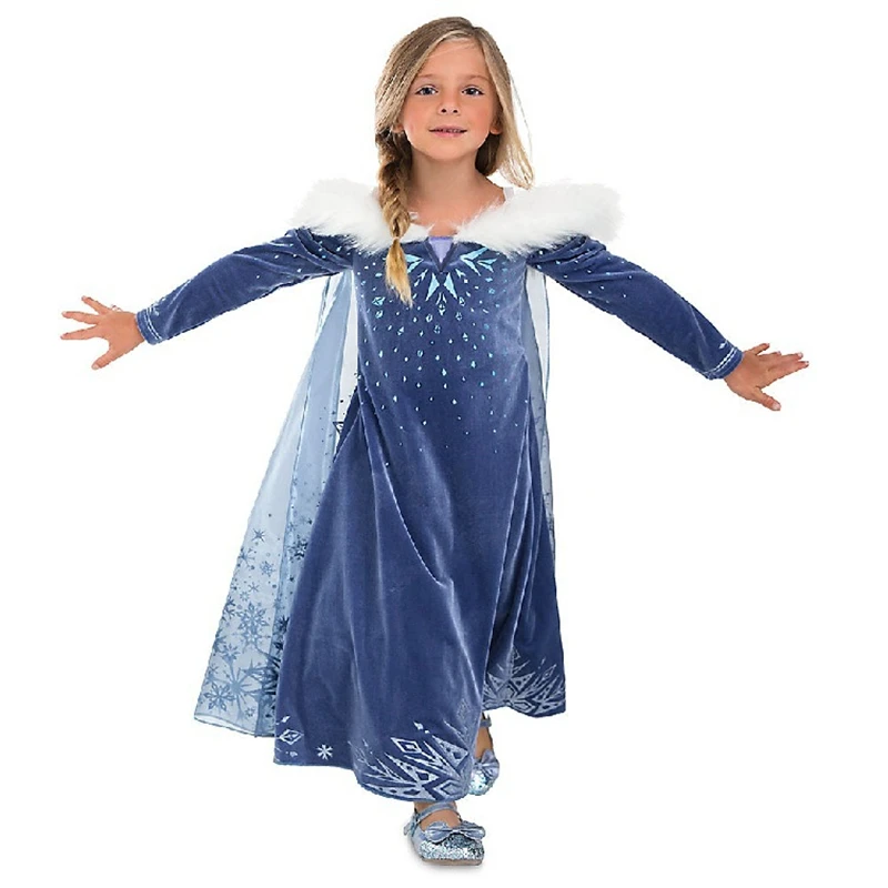 Winter Children Cotton Long Sleeve Elsa Princess Dress Baby Girls Velvet Anna Dress with Snowflake Cloak Ball Gowns for Party