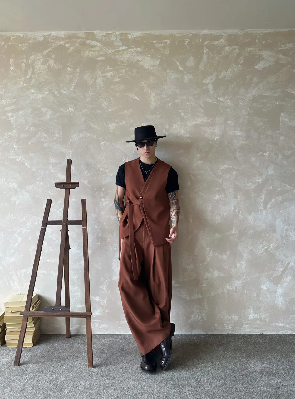 

Stylish men's suit vest trousers set 2 pieces wide leg pants