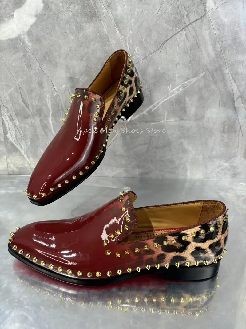 

Burgundy Leopard Patent Leather Casual Leather Shoes Men's Rivet Decorated Cowhide Oxford Shoes Trendy Business Derby Shoes