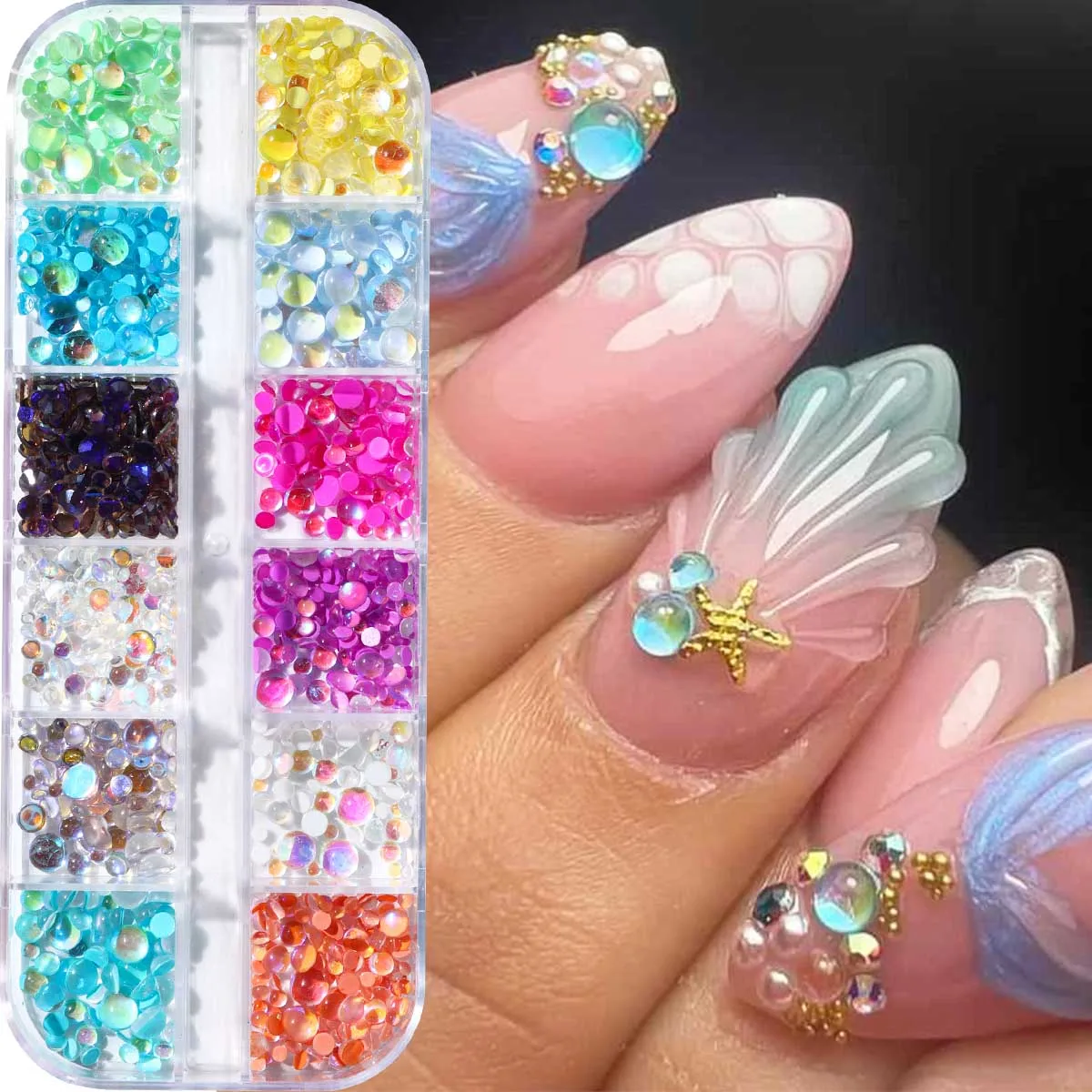 

12Grids 3D Colorful Mermaid Beads Spring Summer Nail Charms Decoration Mixed Size Charm Acrylic Macaron Bubble Manicure Orname