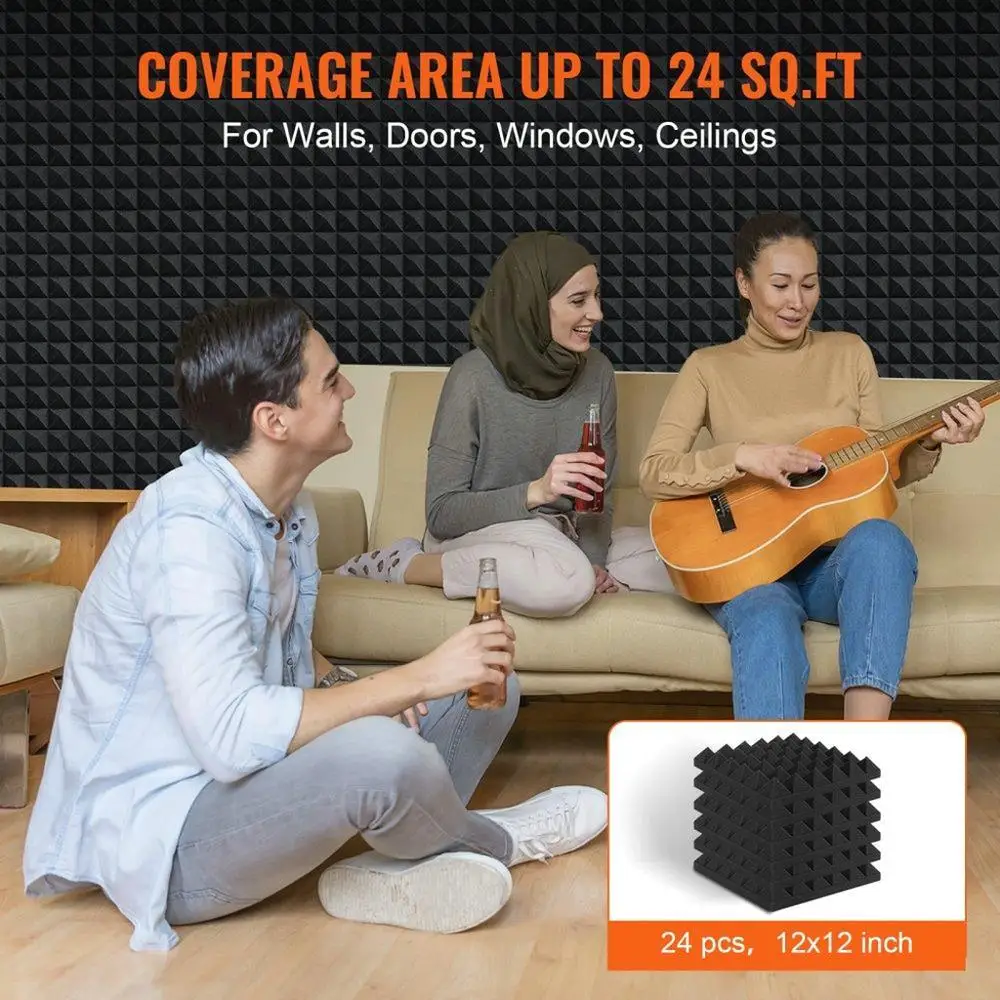Panel Busa Akustik Peredam Suara Bentuk Piramida Tahan Api 12x12x2 Inci Hitam 24 Buah untuk Studio Peredam Suara