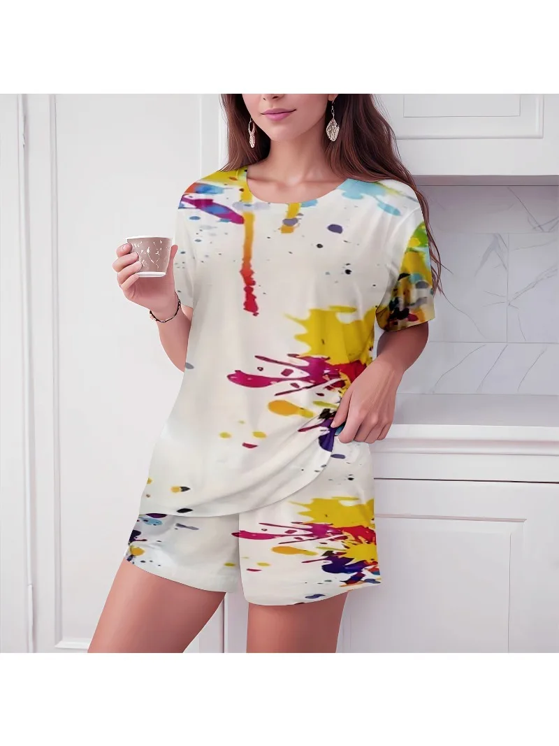 Women\'s Plus Size  1XL-5XL  Printed Shorts Set with U-neck Short Sleeve Fashion Set Holiday Beach Women Shorts Set Sets