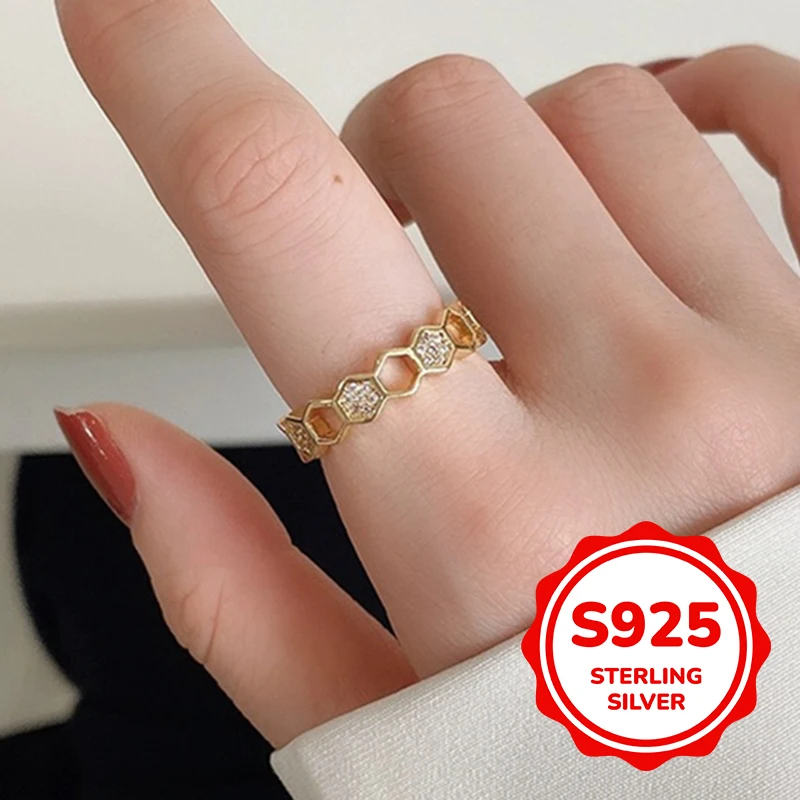 

S925 sterling silver gold-plated micro-set zircon diamond-shaped honeycomb shape fashionable personality trend elegant classic